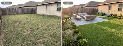 A backyard photo and an OutdoorBrite design concept generated from it. Contractors use the tool on-site to show clients redesign options on their own property.