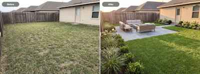 A backyard photo and an OutdoorBrite design concept generated from it. Contractors use the tool on-site to show clients redesign options on their own property.