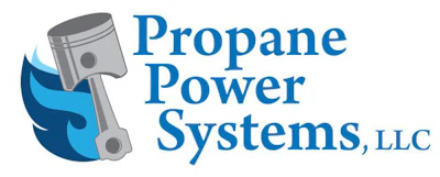 Propane Power Systems LLC logo featuring a piston and blue flame symbol with blue text