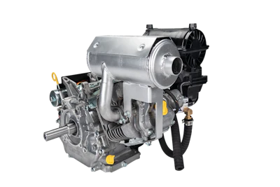 Industrial gasoline engine with silver cylinder, black pulley, and yellow accents on white background