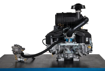 Black gasoline engine assembly with fuel pump component displayed on dark surface