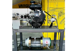 Industrial engine and air compressor equipment displayed on metal platform with technical specifications and Vanguard branding