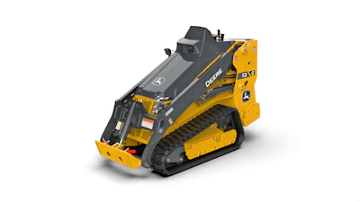 Yellow and black John Deere compact track loader with raised bucket attachment on white background