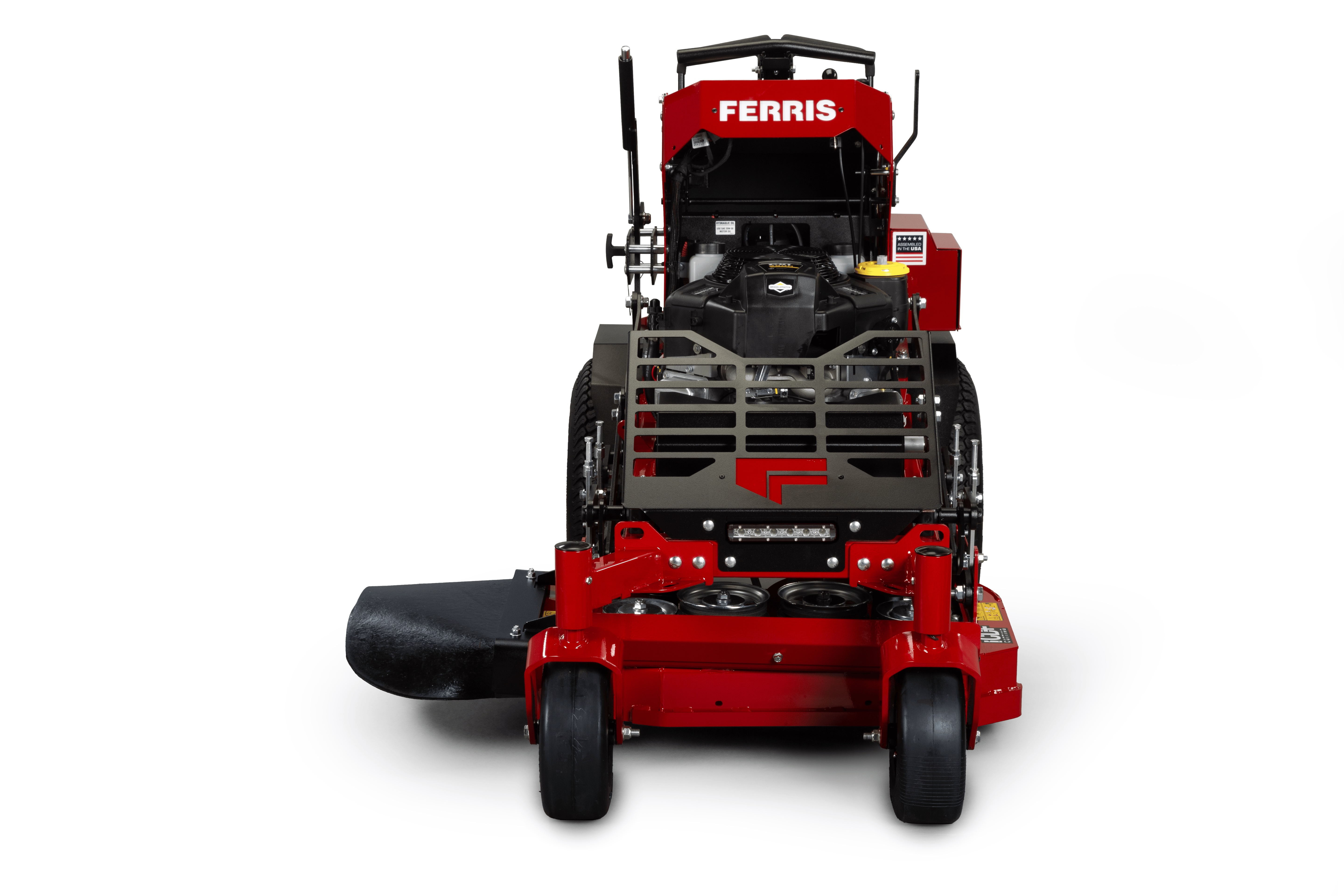 Red and black Ferris zero-turn radius lawn mower with front-facing view showing cutting deck and engine