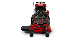 Red and black Ferris zero-turn radius lawn mower with front-facing view showing cutting deck and engine
