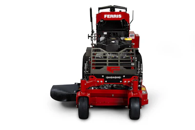 Red and black Ferris zero-turn radius lawn mower with front-facing view showing cutting deck and engine