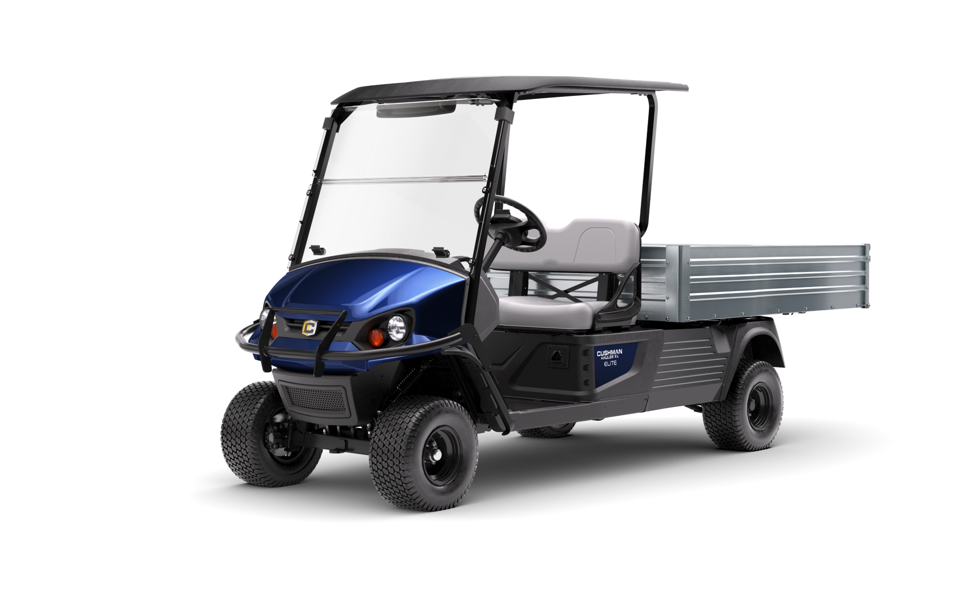 Blue and black Cushman utility golf cart with open cargo bed and canopy top
