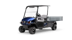 Blue and black Cushman utility golf cart with open cargo bed and canopy top