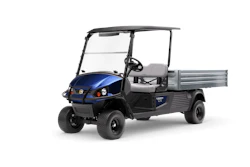 Blue and black Cushman utility golf cart with open cargo bed and canopy top