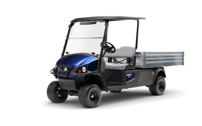 Blue and black Cushman utility golf cart with open cargo bed and canopy top