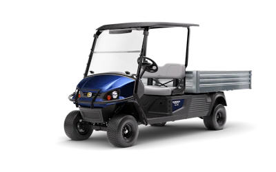Blue and black Cushman utility golf cart with open cargo bed and canopy top