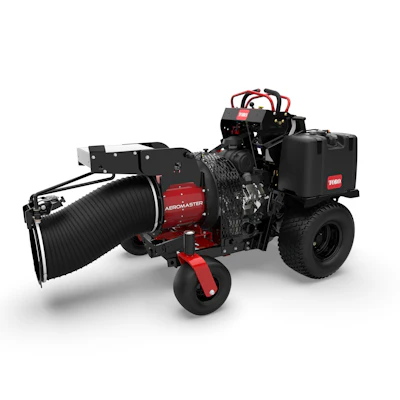 Toro Aeromaster red and black aerator with debris collection tank on white background