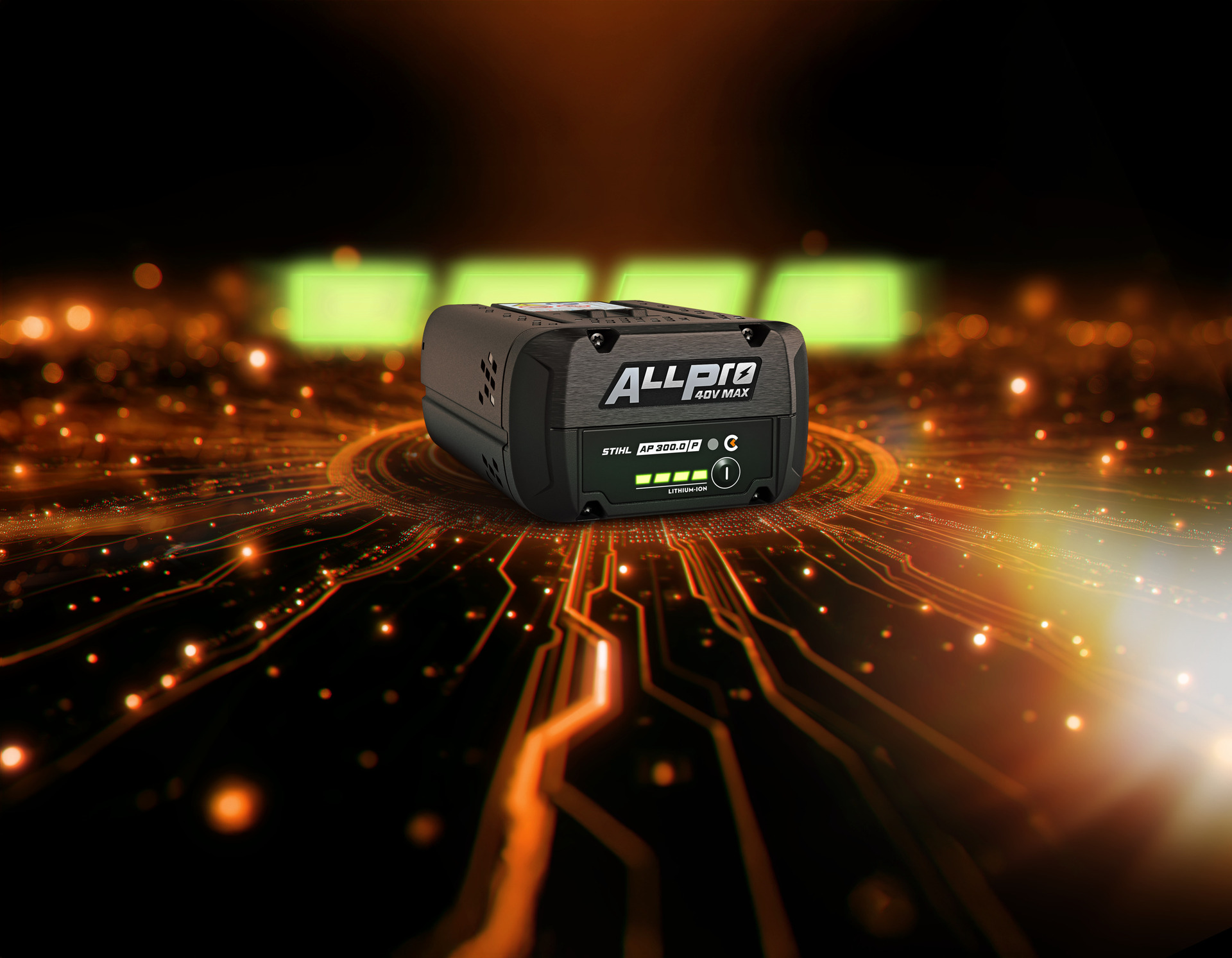 ALLPRO battery or power tool device displayed with digital circuit board effects and orange lighting