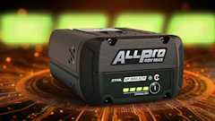 ALLPRO battery or power tool device displayed with digital circuit board effects and orange lighting