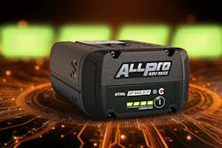 ALLPRO battery or power tool device displayed with digital circuit board effects and orange lighting