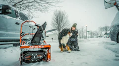 Person with dog beside orange Ariens snow blower during winter snowfall in residential area
