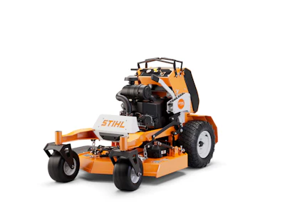 STIHL orange and black zero-turn radius lawn mower with front-mounted cutting deck and roll-over protection bar