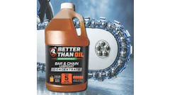 Better Than Oil biodegradable bar and chain lubricant concentrate gallon bottle with motorcycle chain and blue sky background