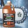 Better Than Oil biodegradable bar and chain lubricant concentrate gallon bottle with motorcycle chain and blue sky background