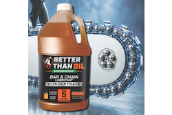 Better Than Oil biodegradable bar and chain lubricant concentrate gallon bottle with motorcycle chain and blue sky background