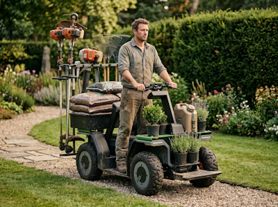 Man operating motorized garden cart loaded with landscaping supplies and tools in manicured garden setting