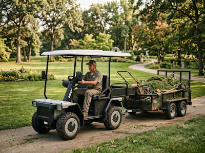 Groundskeeper operating a utility vehicle with trailer loaded with yard debris in a manicured park setting surrounded by trees.
