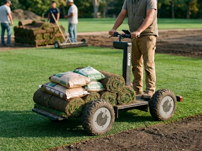 Worker operating an EVOX motorized scooter loaded with sod rolls and soil bags during outdoor landscaping project