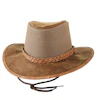 Tan suede cowboy hat with mesh crown panels and braided leather band