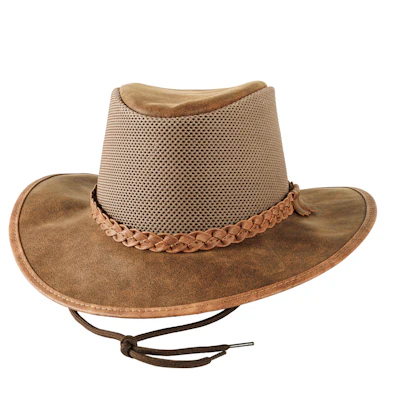 Tan suede cowboy hat with mesh crown panels and braided leather band