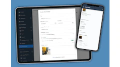 Work order management software interface showing create form on tablet and completed work order details on smartphone