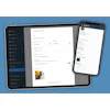 Work order management software interface showing create form on tablet and completed work order details on smartphone