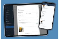 Work order management software interface showing create form on tablet and completed work order details on smartphone