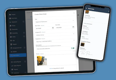 Work order management software interface showing create form on tablet and completed work order details on smartphone