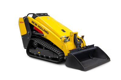 Yellow and black New Holland compact track loader with front bucket attachment on white background