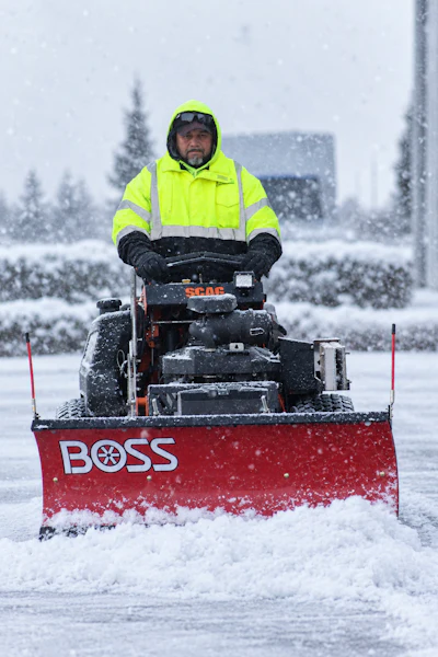 Worker in neon safety gear operating a red BOSS snow plow on a snowy parking lot during winter