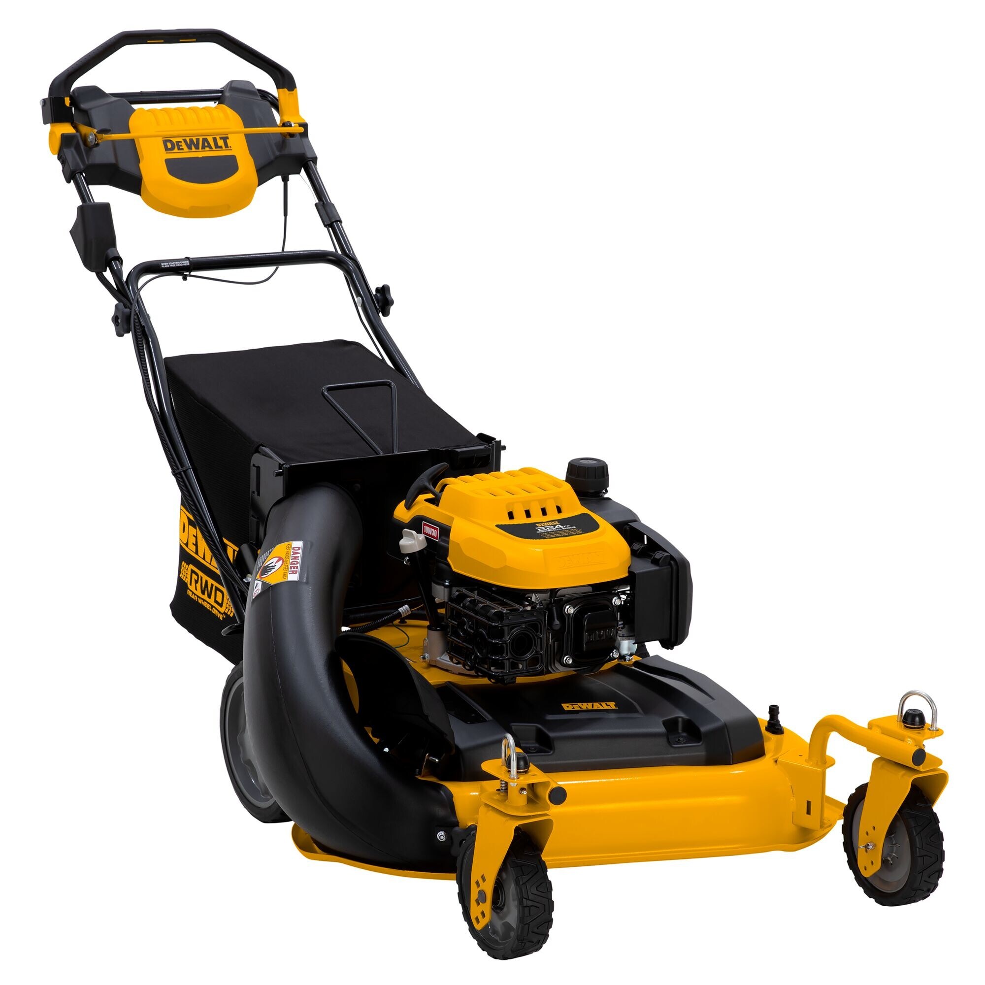 DeWALT yellow and black gas-powered lawn mower with self-propelled wheels and rear bag collection system
