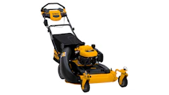 DeWALT yellow and black gas-powered lawn mower with self-propelled wheels and rear bag collection system