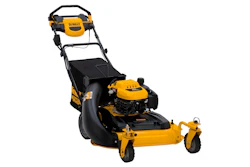 DeWALT yellow and black gas-powered lawn mower with self-propelled wheels and rear bag collection system