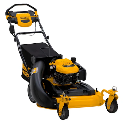 DeWALT yellow and black gas-powered lawn mower with self-propelled wheels and rear bag collection system