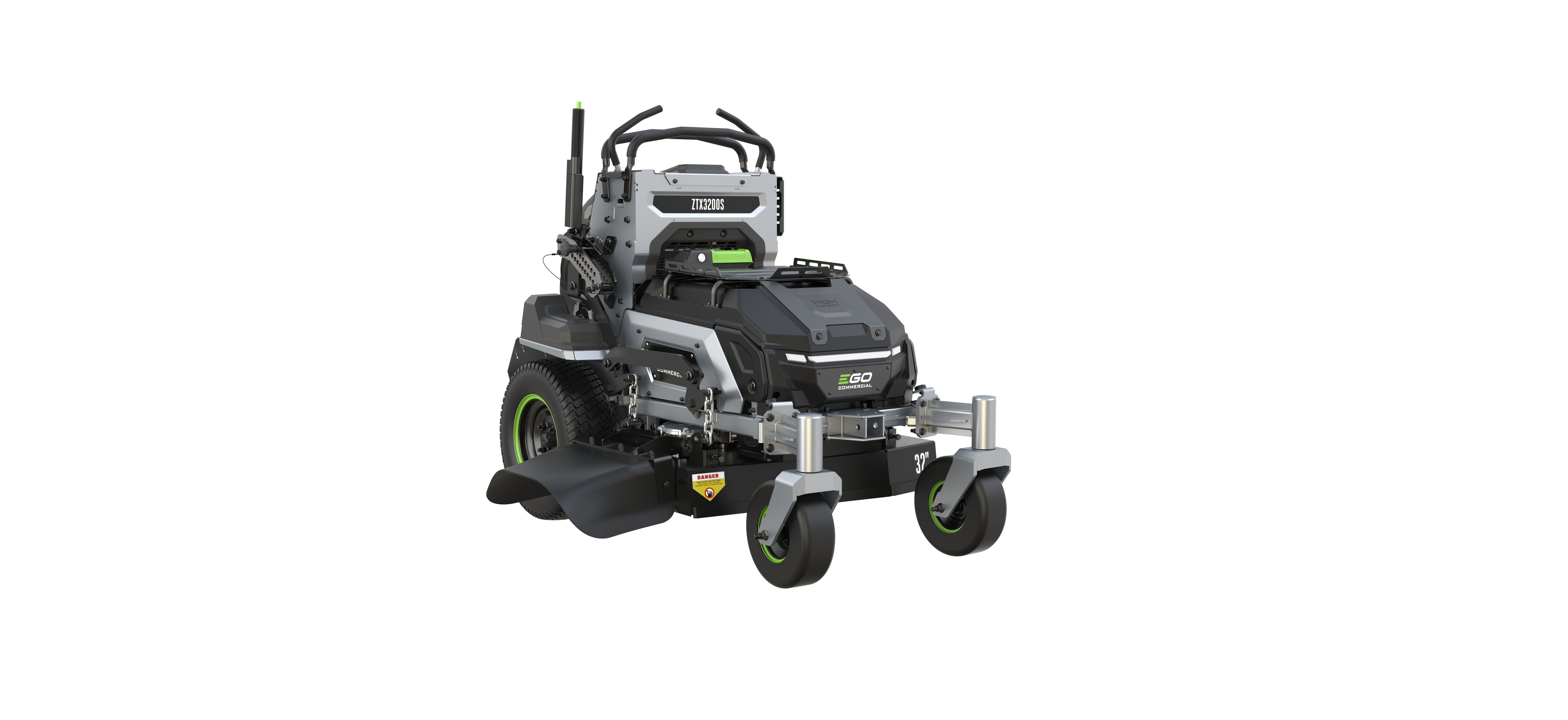 Black and gray zero-turn radius riding lawn mower with lime green accents and front-mounted cutting deck