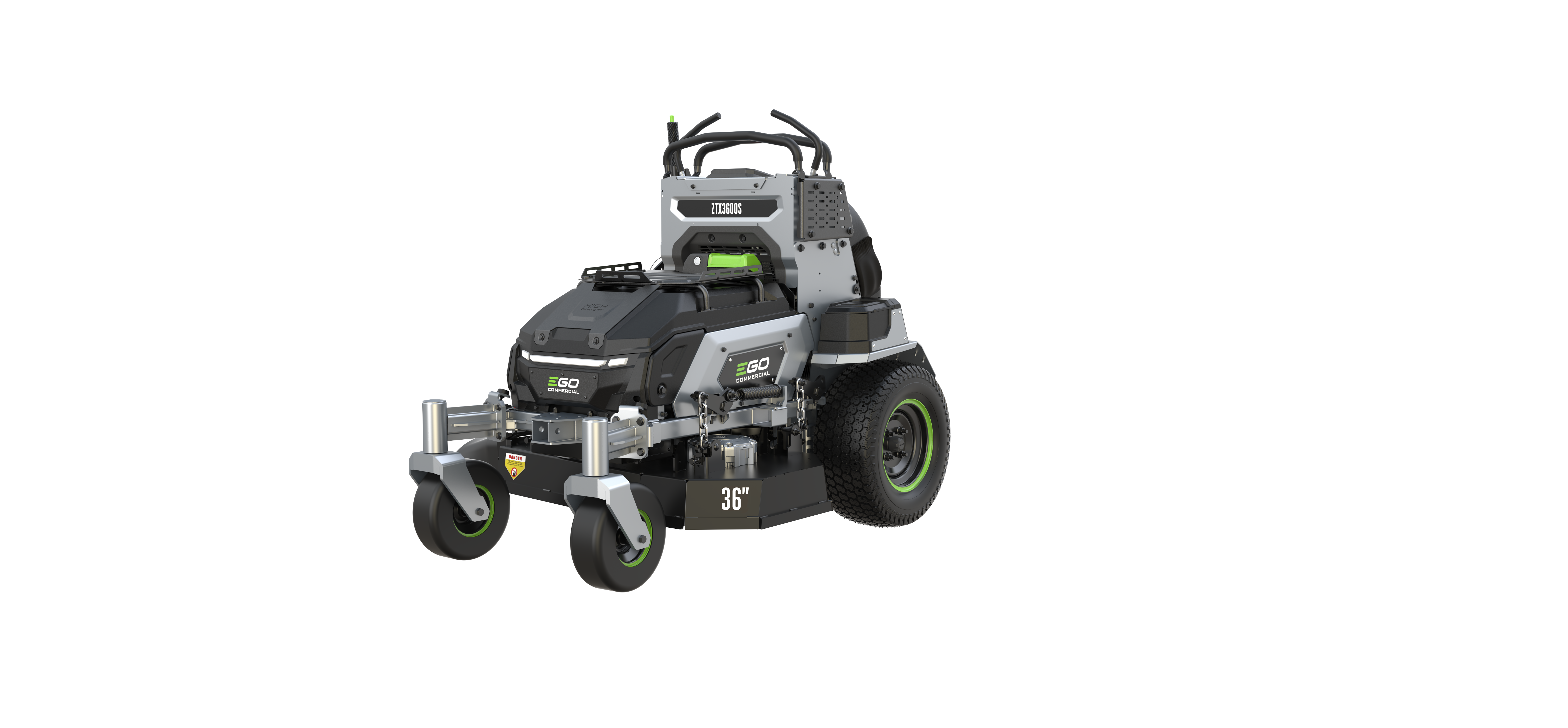 EGO Power+ zero-turn radius lawn mower with black and gray body, lime green accents, and 38-inch cutting deck