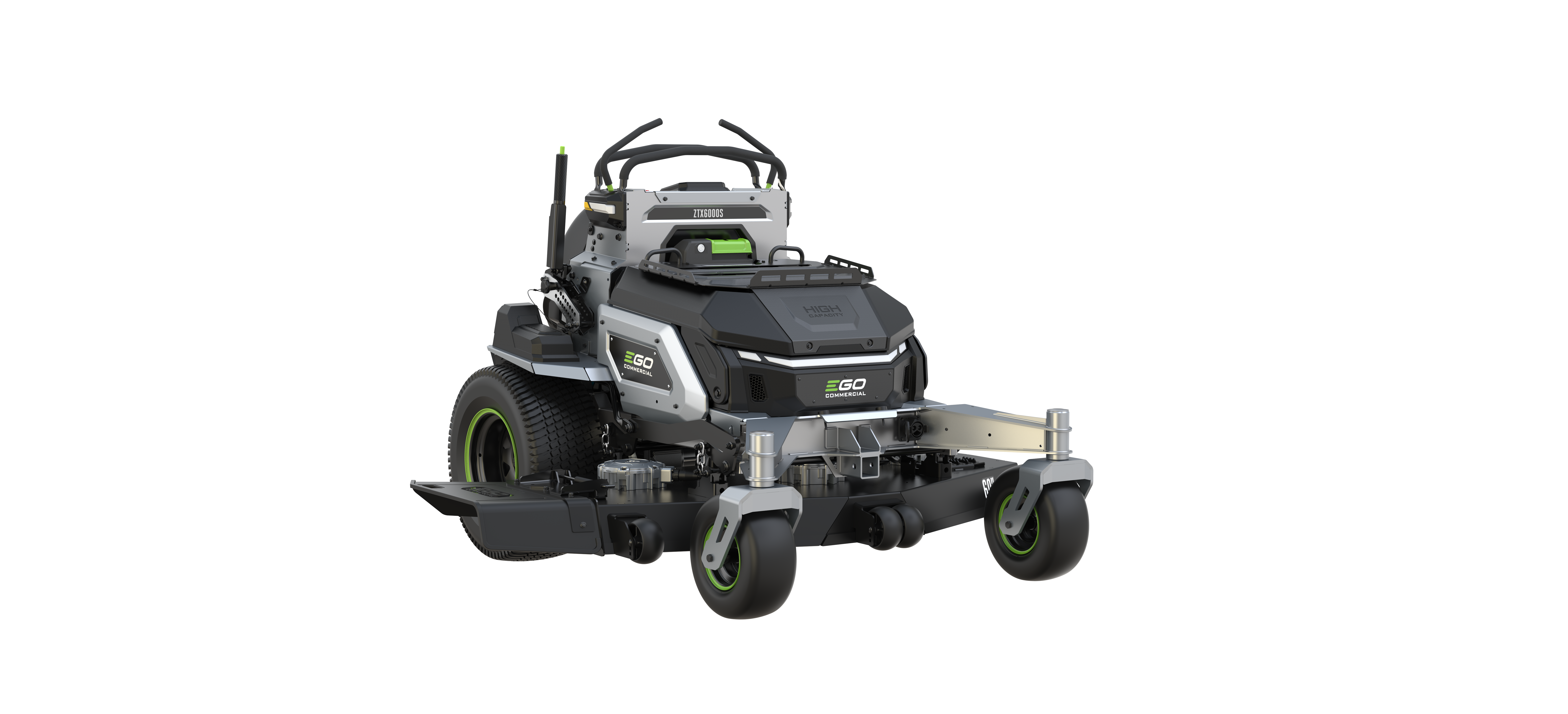 Black and gray zero-turn radius riding lawn mower with green accents and extended deck