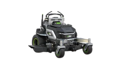 Black and gray zero-turn radius riding lawn mower with green accents and extended deck