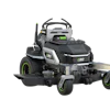 Black and gray zero-turn radius riding lawn mower with green accents and extended deck