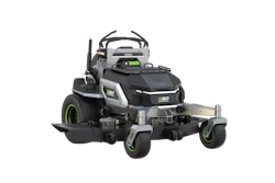 Black and gray zero-turn radius riding lawn mower with green accents and extended deck