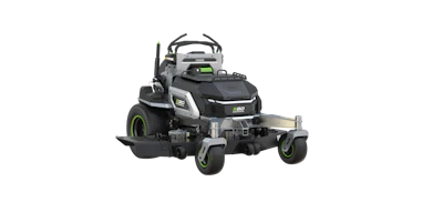 Black and gray zero-turn radius riding lawn mower with green accents and extended deck