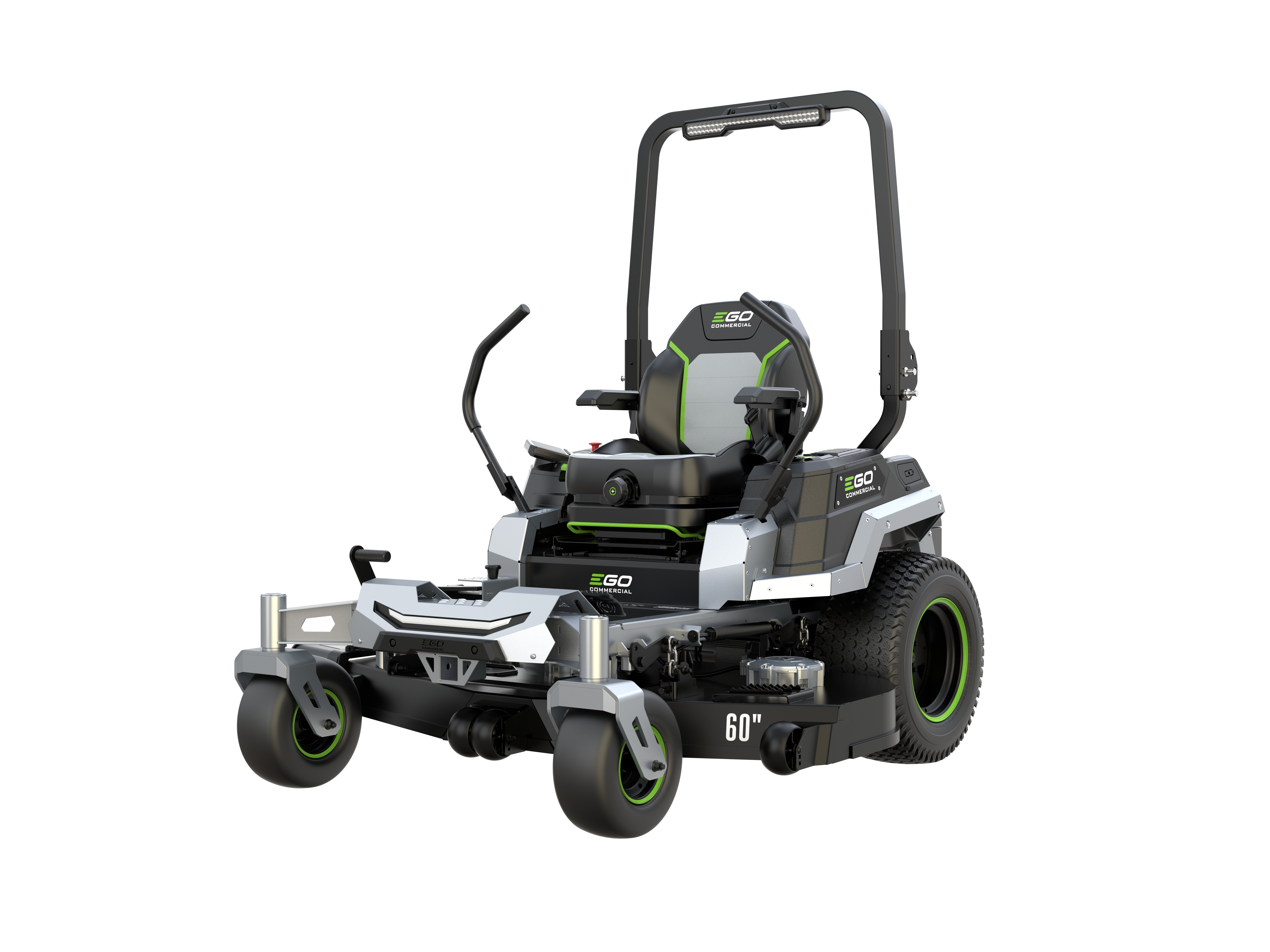 EGO 60-inch zero-turn radius riding lawn mower with black and white frame and lime green accents