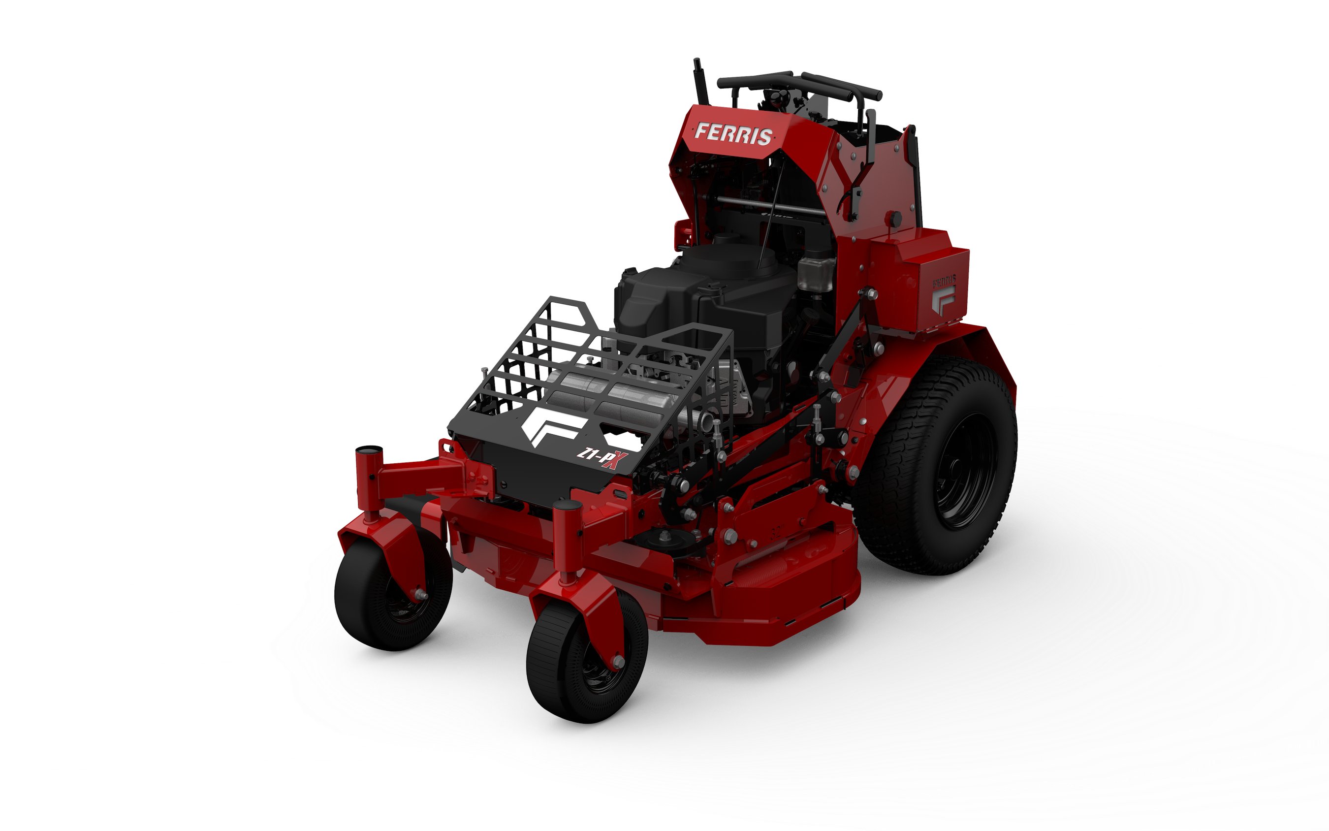 Red and black Ferris zero-turn radius lawn mower with front-mounted cutting deck