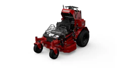 Red and black Ferris zero-turn radius lawn mower with front-mounted cutting deck
