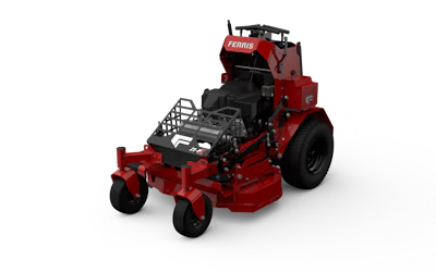 Red and black Ferris zero-turn radius lawn mower with front-mounted cutting deck